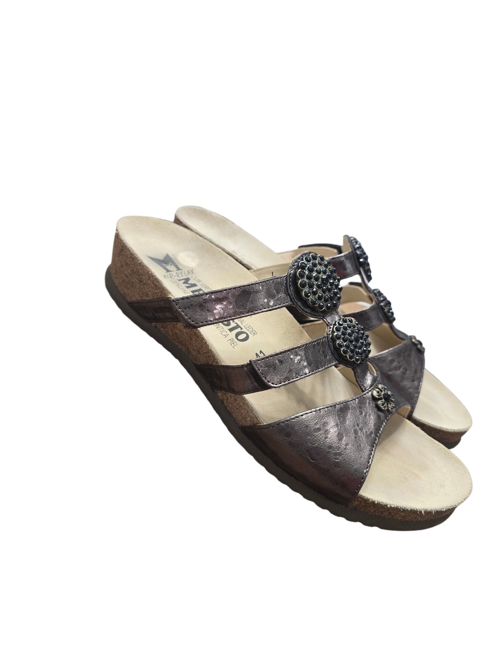 Mephisto Metallic Bronze Three-Strap Wedge Mules with Embellished Medallions 41